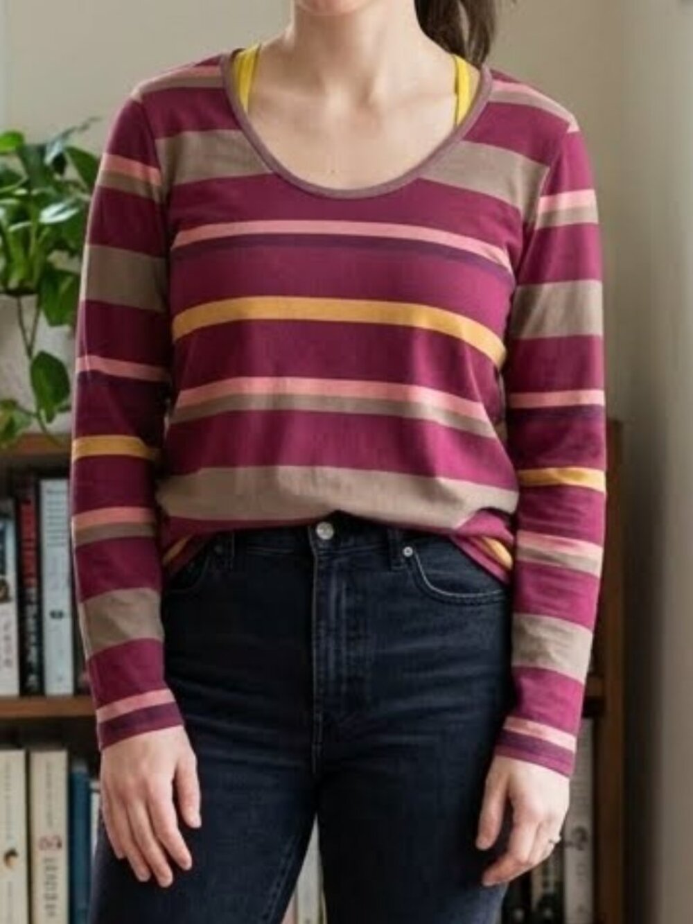 Lole Women's Organic Cotton Long Sleeve T-Shirt Top Stretch Pink Stripe Casual